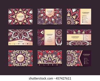 Business cards big set. Vector vintage design Floral mandala pattern and ornaments. Oriental design Layout. Islam, Arabic, Indian, ottoman motifs. Front page and back page.