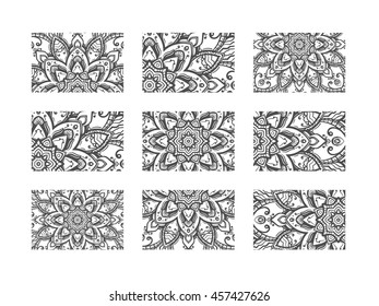 Business cards big set. Vector vintage design Floral mandala pattern and ornaments. Oriental design Layout. Islam, Arabic, Indian, ottoman motifs. Front page and back page.