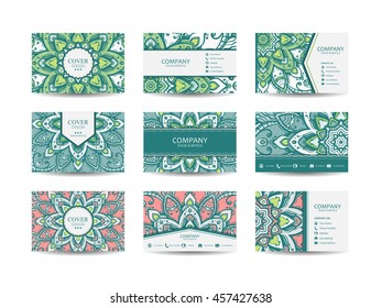 Business cards big set. Vector vintage design Floral mandala pattern and ornaments. Oriental design Layout. Islam, Arabic, Indian, ottoman motifs. Front page and back page.