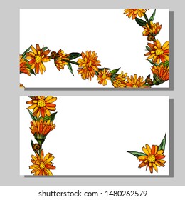 Business cards with blooming orange calendula.Decorative floral cards on a white background.Place for your text. Copy space.
