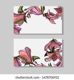 Business cards with blooming pink magnolias.Decorative floral cards on a white background.Place for your text. Copy space.