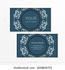 Business cards in Blue with luxurious light patterns. Business card design with vintage ornament.