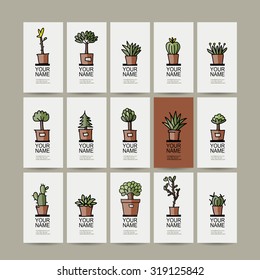 Business cards with cactus in pots, sketch for your design. Vector illustration