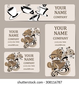 Business cards with coffee. Card or invitation.Vintage decorative elements. Corporate Identity vector templates set with doodles colorful cup of coffee