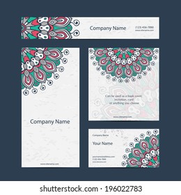 Business cards collection, blue floral pattern.  Vector background. Card or invitation. Vintage decorative elements. Hand drawn background. Islam, arabic, indian, ottoman motifs.