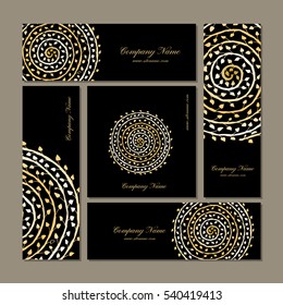 Business cards collection, golden mandala design. Vector illustration