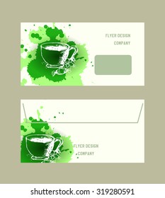 Business cards collection with green tea concept design.Healthy lifestyle. Sketch tea cup and watercolor splashes.