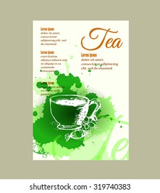 Business cards collection with green tea concept design.Healthy lifestyle. Sketch tea cup and watercolor splashes.