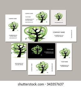 Business cards collection, green tree design. Vector illustration