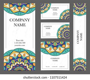 Business cards collection with mandala. Arabic and Indian motifs.