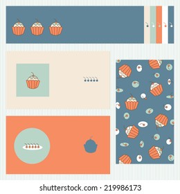Business cards collection with muffins and cherry. Business card template