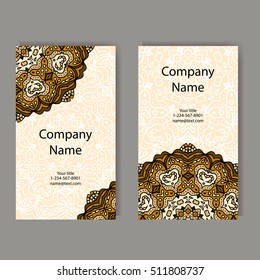 Business cards collection. Ornament for your design with lace mandala. Vector background. Indian, Arabic, Islam motifs.