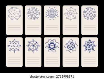 Coleção de cartões de visita. Cartões vetoriais com flocos de neve ou estrelas azuis. Vintage elementos decorativos, florais. Design mínimo. Ilustração vetorial. Material de marketing, cartões-presente, convites.