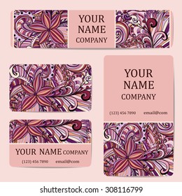 Business cards with colorful flowers. Card or invitation.Vintage decorative elements. Corporate Identity vector templates set with doodles colorful flowers