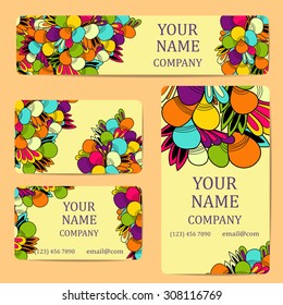 Business cards with colorful leaves. Card or invitation.Vintage decorative elements. Corporate Identity vector templates set with doodles colorful  leaves