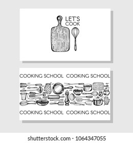 Business cards for cooking school, cooking class, food studio. Logotype and seamless  pattern