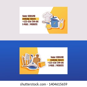 Business cards for cooking school, cooking class, food studio vector illustration. Contact information. Coking utensils and food, kitchenware for dishes. Wooden board pan pot knife pin ladle.