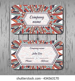 Business cards, corporate identity, corporate style, round pattern with multicolored shapes, boho, hipster background, wood texture