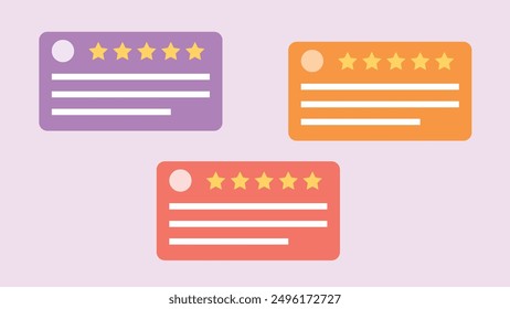Business cards and customer reviews. Five-star reviews with comments. Different colors of business cards. Flat design vector.