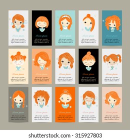 Business cards with cute girls for your design, vector illustration