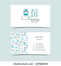Business cards for dental clinic. Promotional products. Line icons. Flat design. Vector illustration