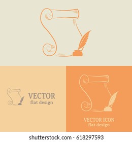 Business cards design. Ancient parchment sheet of paper and a quill to write, vector icon