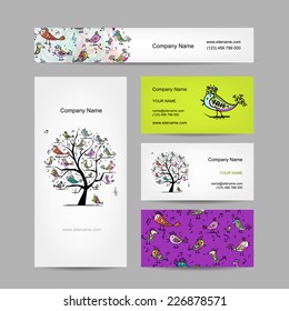 Business cards design, art tree with funny birds