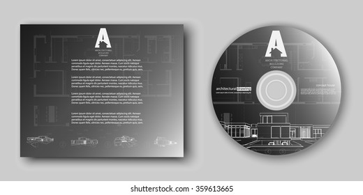 Business cards design with blueprint sketch for architectural company. Architectural background for architectural project, architectural brochure, technical project, architectural drawing CD with logo