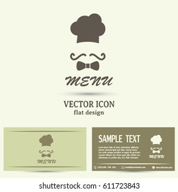 Business cards design. Chef hat and big mustache. Menu card. Vector illustration. 