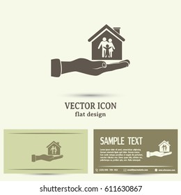 Business cards design. Concept illustration of safety of house and family. Family house in hand.Vector icon.