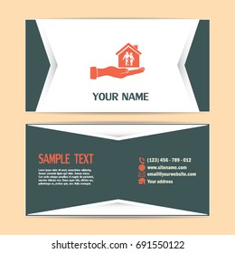 Business cards design. Concept illustration of safety of house and family. Family house in hand.Vector icon.
