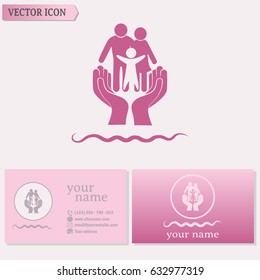 Business cards design. Family life insurance sign icon. Hands pr