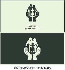 Business cards design. Family life insurance sign icon. Hands pr
