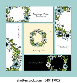 Business cards design, floral wreath. Vector illustration