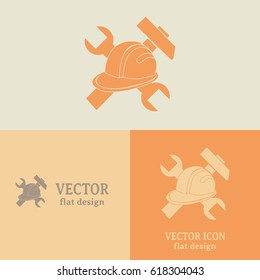 Business cards design. hammer and worker hat flat icon
