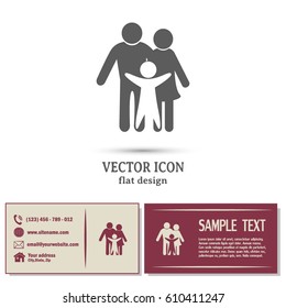 Business cards design. Happy family icon in simple figures, dad, mom and child stand together. Vector can be used as logotype