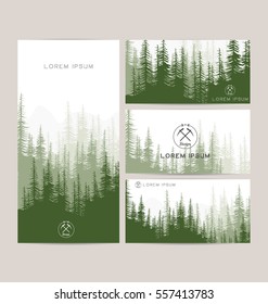 Business cards design set of green forest and mountains backgrounds. Templates design for greeting, prints, web design, invitation. Set of stylish cards. Vector illustration. Hipster logo tourism.