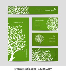 Business cards design, spring tree with birds