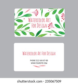 business cards design template with vector watercolor drawings of plants