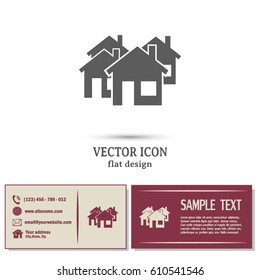 Business cards design. Vector illustration with group of cottages. Abstract sign of rea