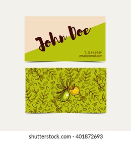 Business cards in eco style in natural colors. Background pattern with argan tree. Hand drawn