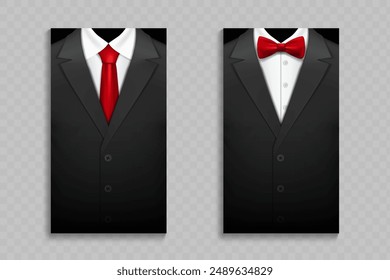 Business cards with elegant suit and tuxedo with bow tie. Vector template isolated on transparent background. Stock illustration