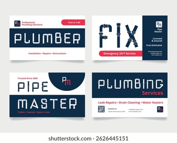Business cards featuring plumbing services, showcasing installation, repairs, and emergency services. Designs emphasize professional quality, reliability, and contact options for customers.