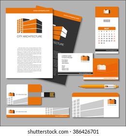 Business cards, flash, poster, banner, pen, envelope, calendar with the company logo. Set of templates. The architecture of the city, a logo for a construction company. Buildings, offices, hotels.