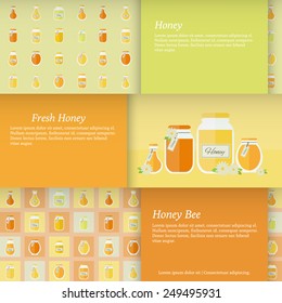 Business cards in flat design with jars of honey and place for text. Set of horizontal vector banners