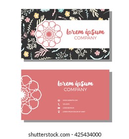 Business cards with floral pattern. Vector illustration. Wildflowers, moss and berries on dark background. Business cards with freehand floral logo