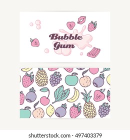 Business cards with hand drawn bubble gum and fruit, berry and mint flavors. Food background. Vector illustration