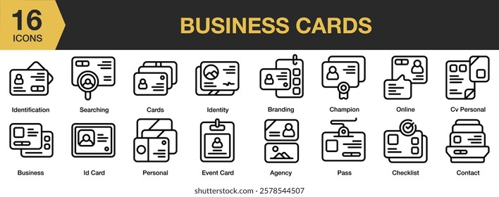 Business Cards icon set. Includes business, identity, business card, company, contact, and More. Outline icons vector collection.