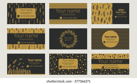 Business cards. Individual cards  with delicate flowers, herbs, polka dots and feathers. Cute design of business cards. Gold. Vector set.