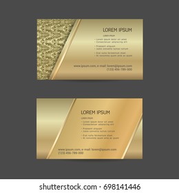 Business cards. Individual cards with delicate flowers, herbs, polka dots and feathers. Cute design of business cards. Gold. Vector set.